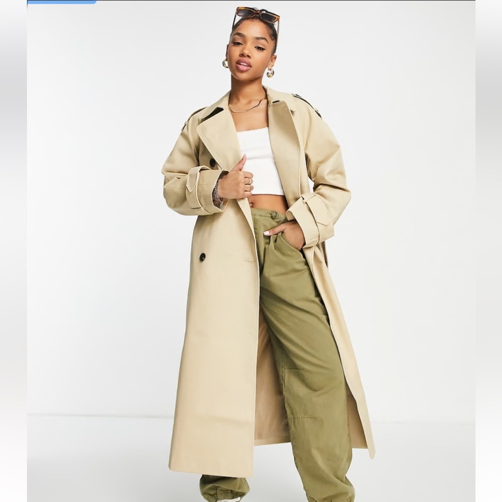 ASOS DESIGN Longline Trenchcoat in Khaki Size 8 Tall - Picture 3 of 16